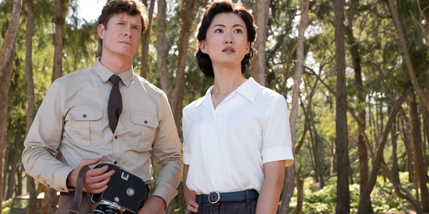 Anders Holm and Mari Yamamoto in the jungle in Monarch Legacy of Monsters