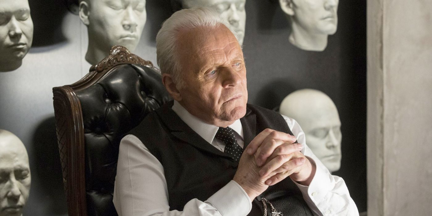 Anthony Hopkins sits in a chair in Westworld