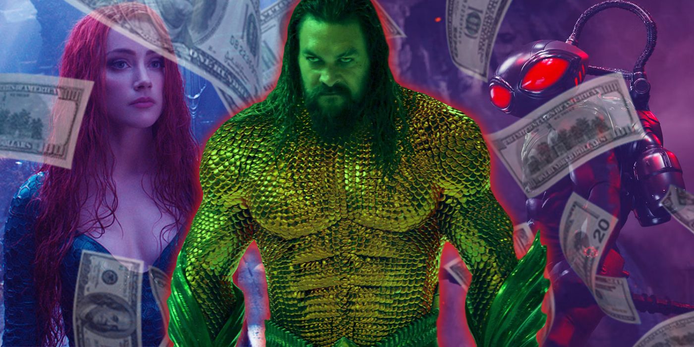 Jason Momoa as Aquaman, Amber Heard as Mera, and Yahya Abdul-Mateen II as Black Manta with money signs in Aquaman 2