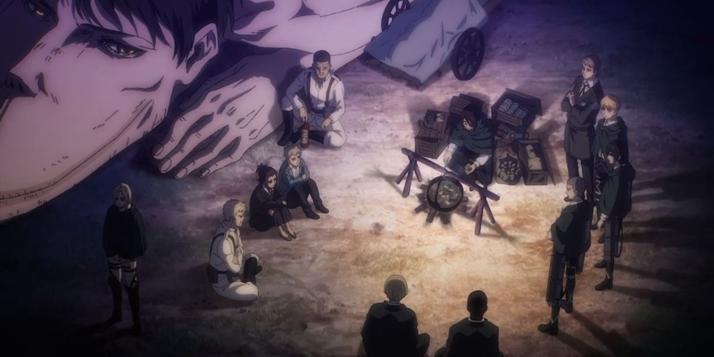 A group of characters from Attack on Titan gather around a campfire