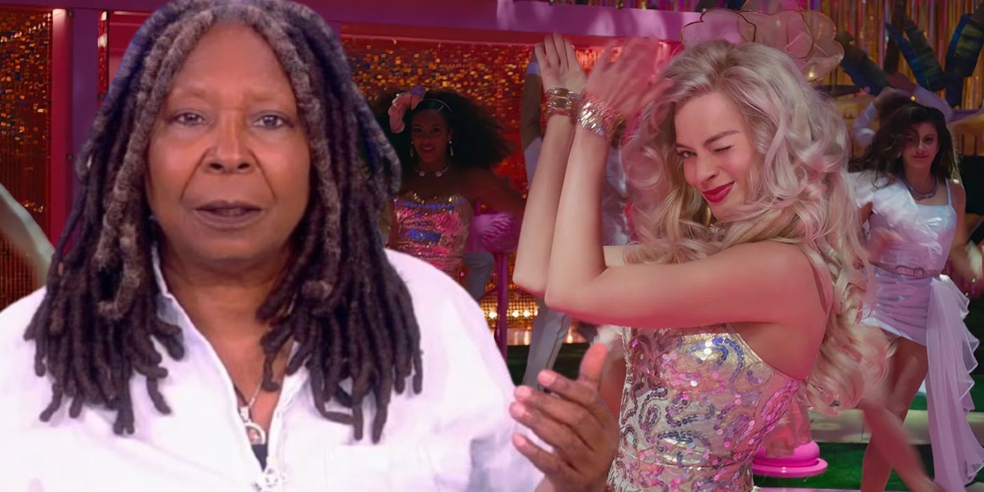 Whoopi Goldberg on The View alongside Barbie dancing.