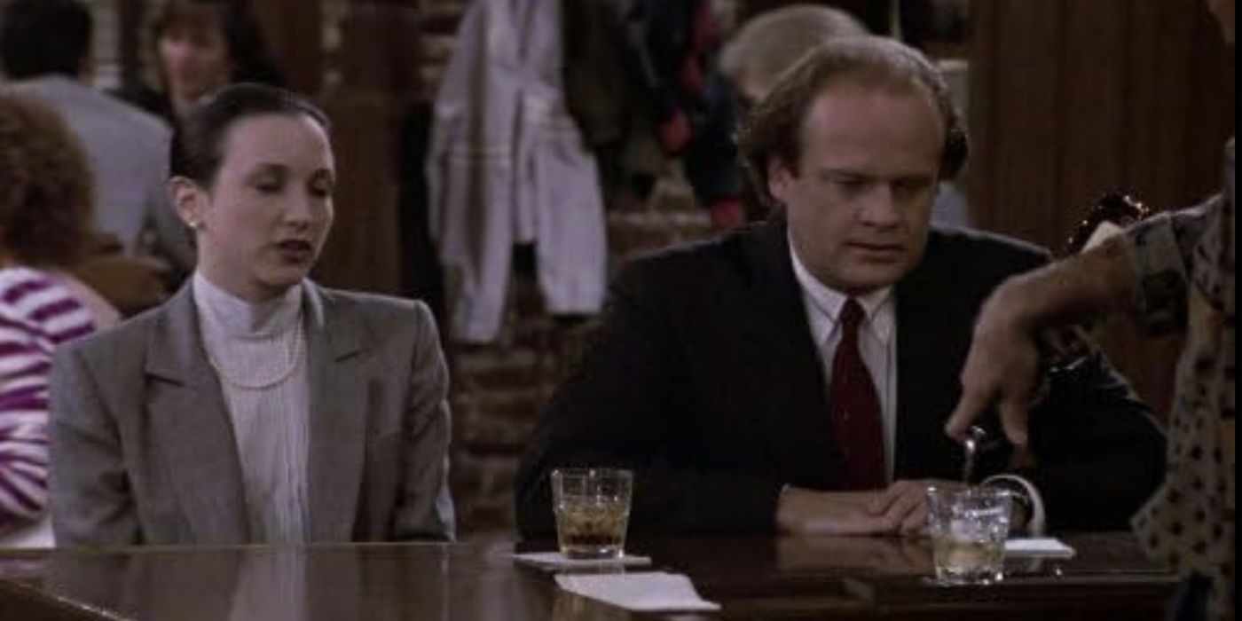 Bebe Neuwirth as  Lilith Sternin and Kelsey Grammer as Fraser Crane get a drink on Cheers