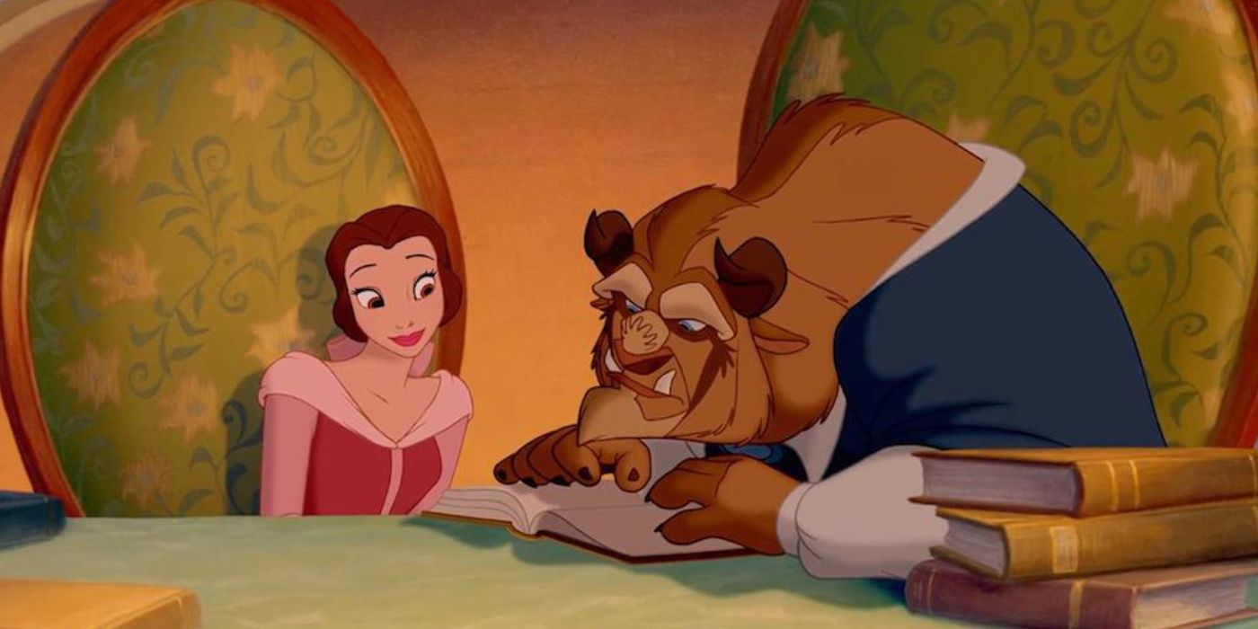 Belle and Beast reading a book in Beauty and the Beast