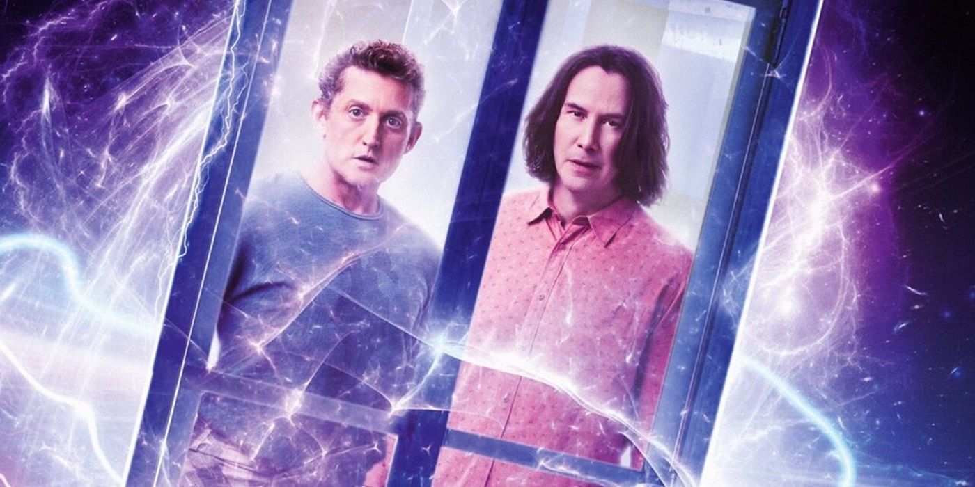 Alex Winter and Keanu Reeves in the time traveling phone booth in Bill and Ted Face the Music.
