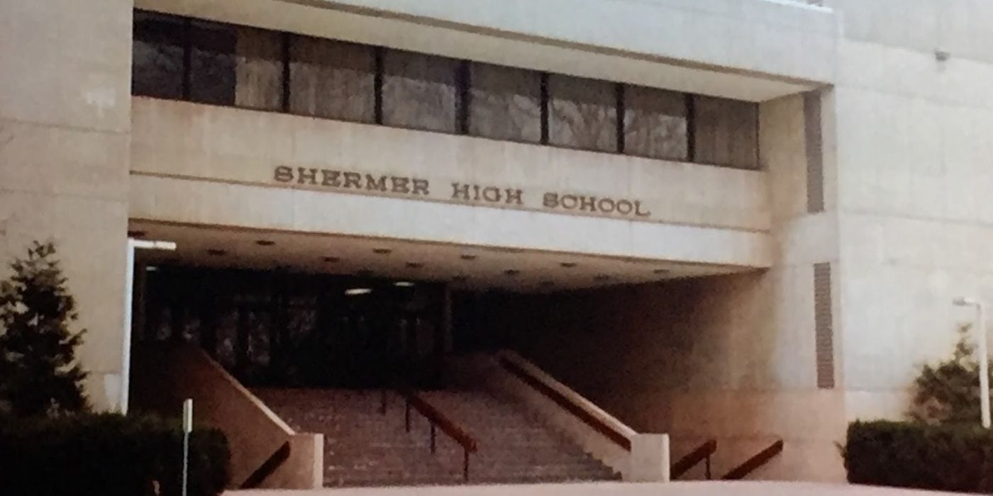 An exterior shot of Shermer High School in The Breakfast Club