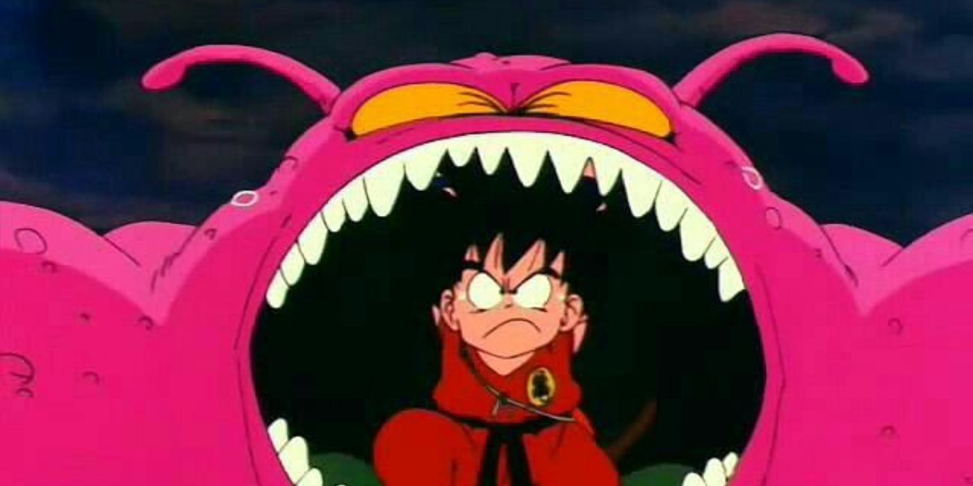 A young Goku struggles to keep Buyon's mouth open