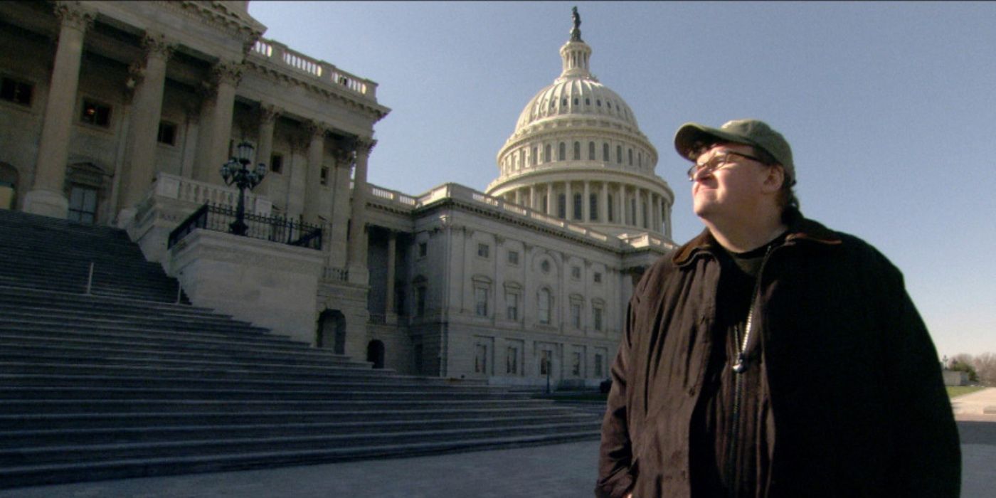 Michael Moore stares into the sun in front of the U.S. Senate in Capitalism: A Love Story (2009).