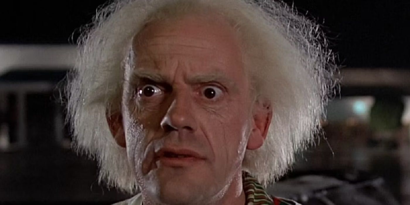 Christopher Lloyd looking shocked as Doc Brown in Back to the Future