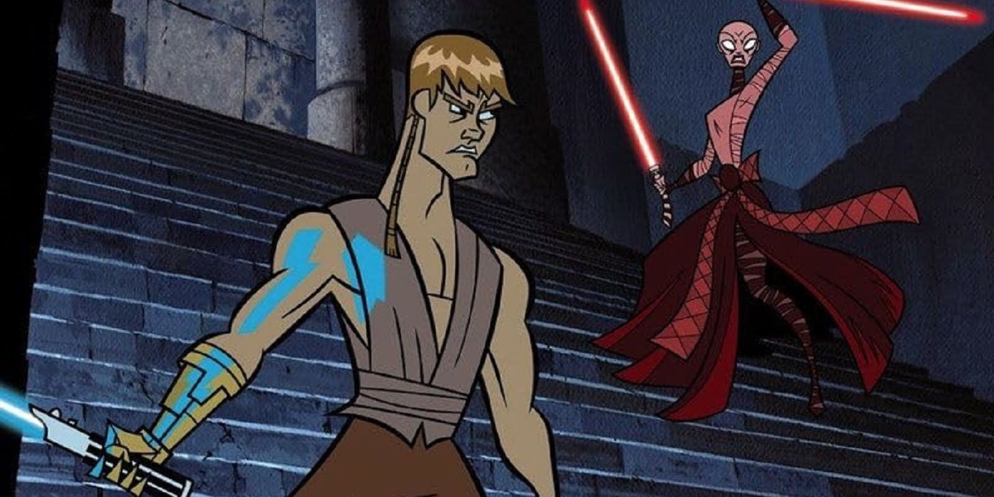 Anakin and Ventress with their lightsabers drawn in cartoon Star Wars show