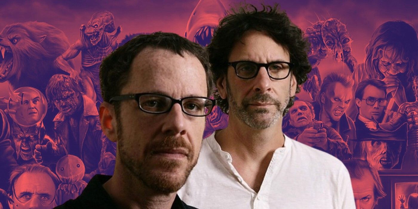 The Coen Brothers in front of all manner of horror icons.