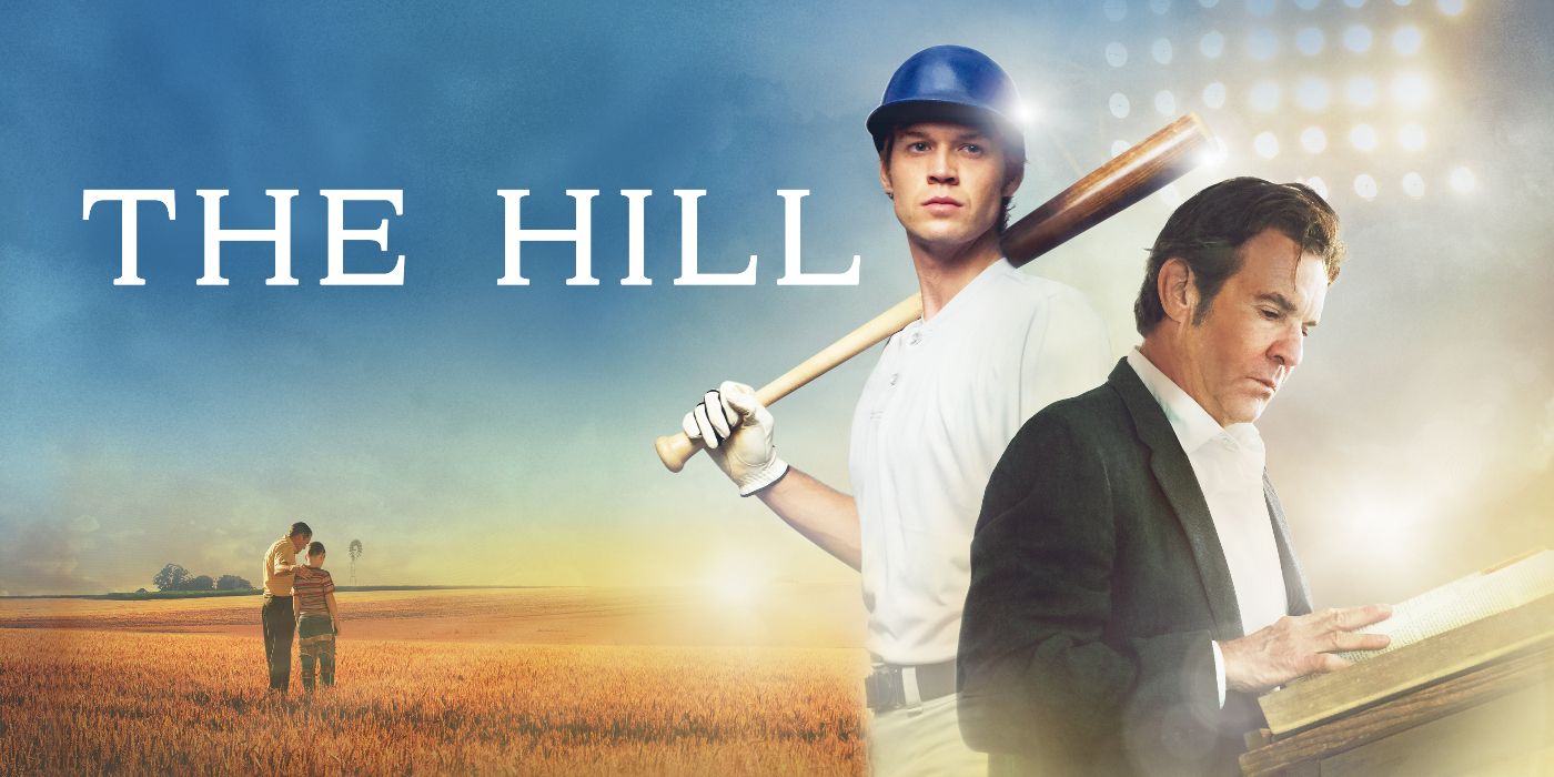 Colin Ford with a baseball, Dennis Quaid reading a book in the 2023 movie The Hill