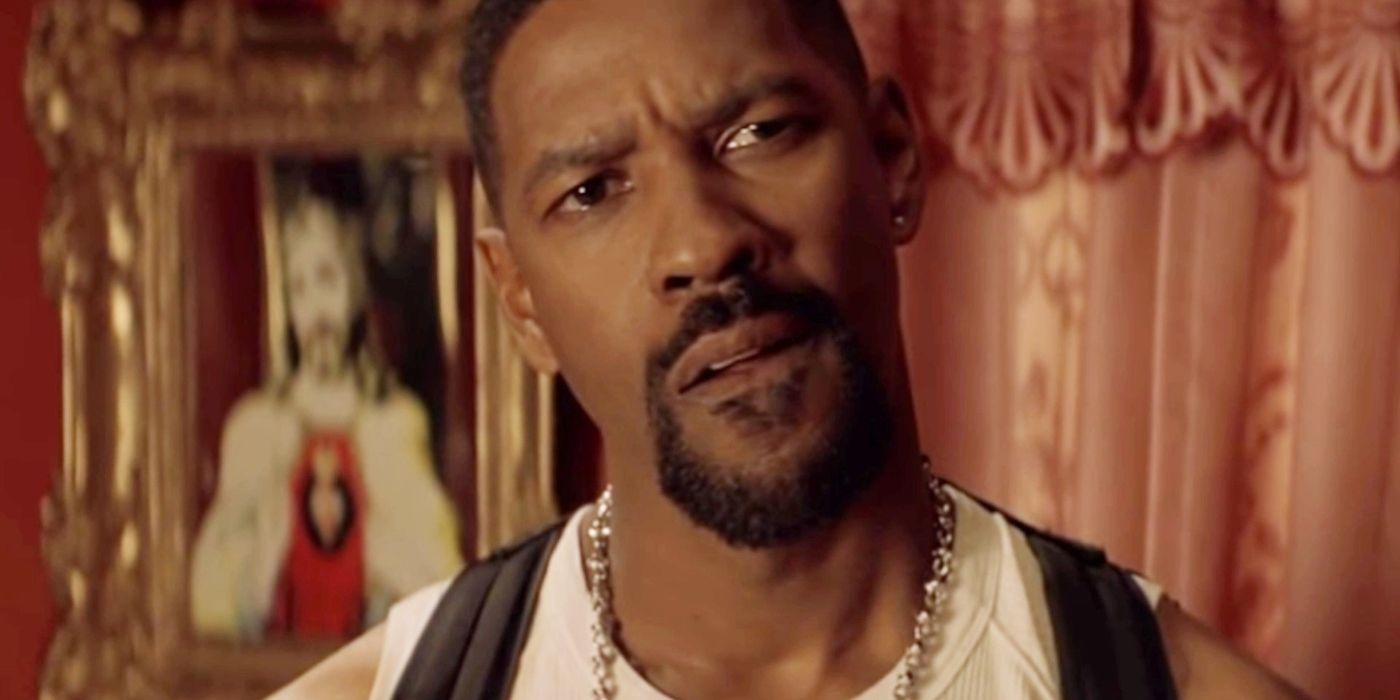 A close-up of Denzel Washington looking angry as Alonzo in Training Day