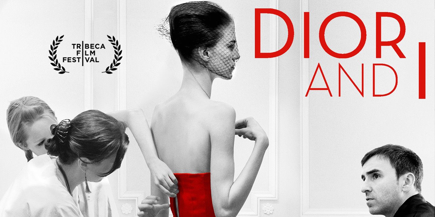 Title card from the documentary Dior and I showing a woman getting fitted for a red dress.