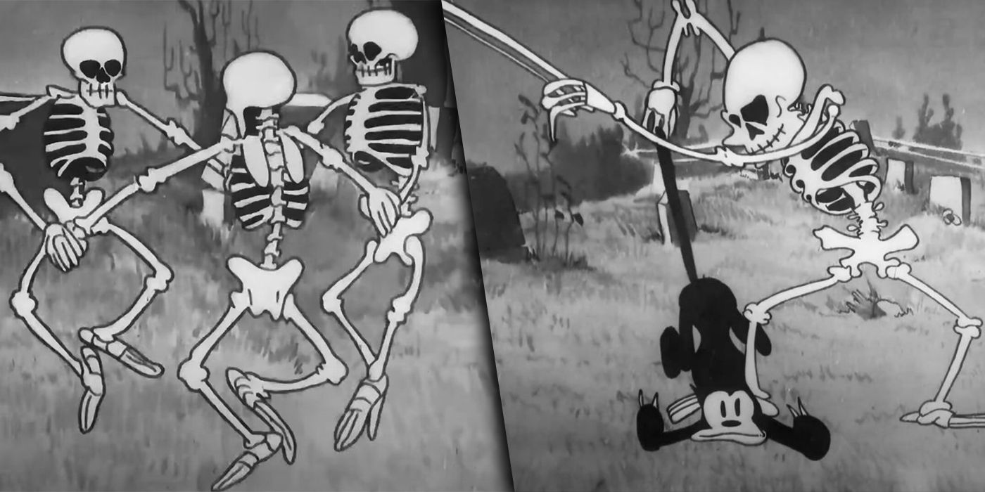 Disney's The Skeleton Dance with skeletons dancing in a circle and stepping on a cat