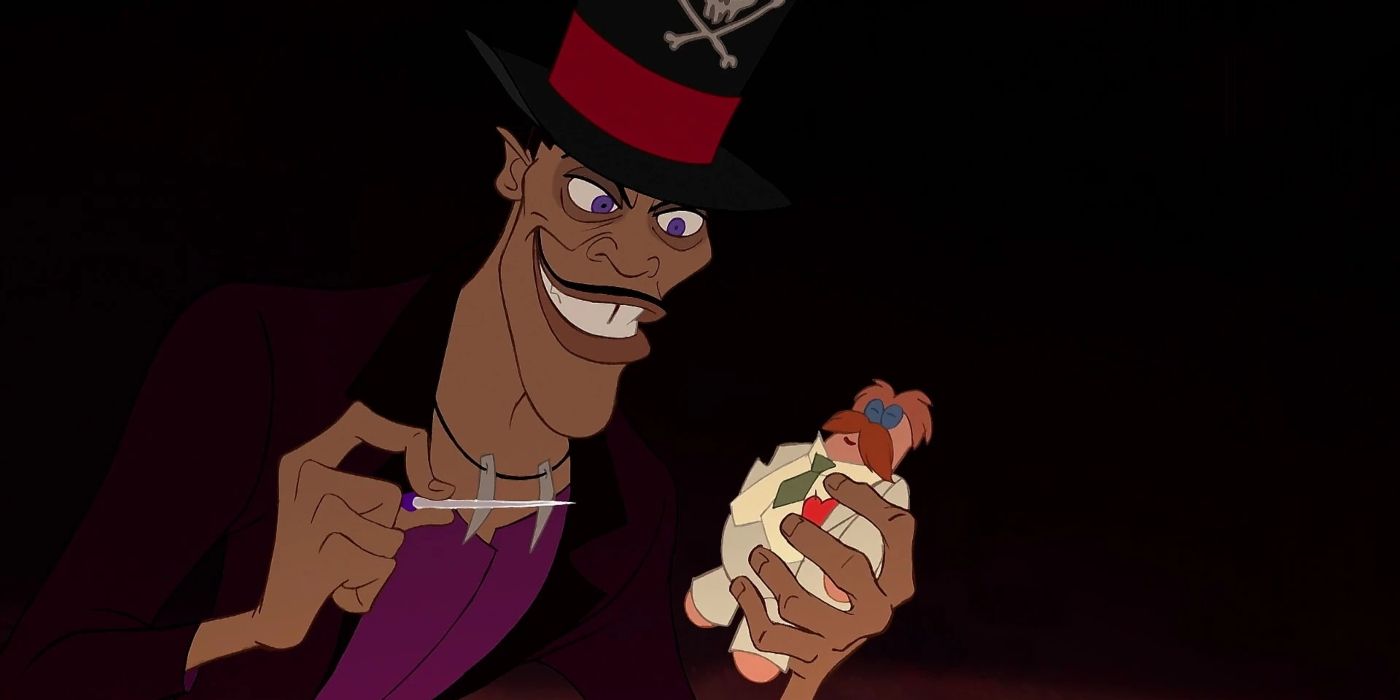 Dr. Facilier looks menacing as he holds a needle to a voodoo doll in The Princess and the Frog