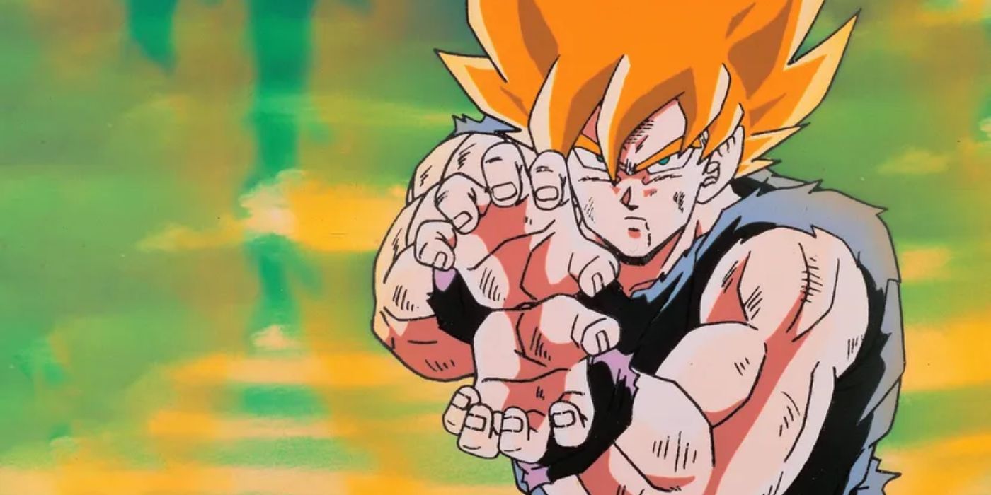 Super Saiyan Goku holds his hands out in preparation of an attack in Dragon Ball Z Kai