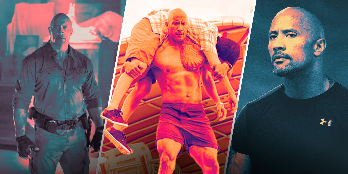 Dwayne Johnson in an edited image of different movies including Red Notice, Baywatch, and the Fast and Furious movies