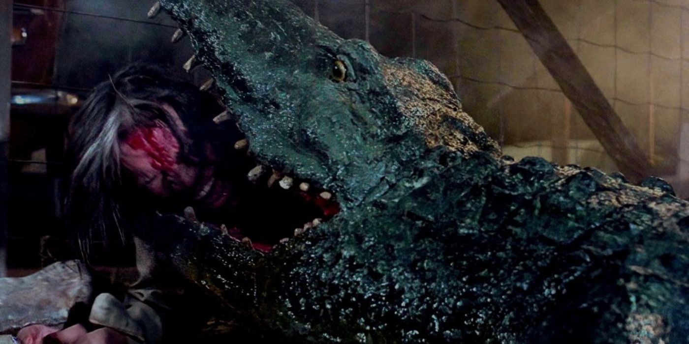 A large killer crocodile bites a woman's head off