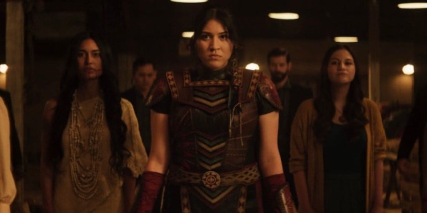 Maya Lopez (Alaqua Cox) dressed in armor with different men and women behind her in Marvels Echo