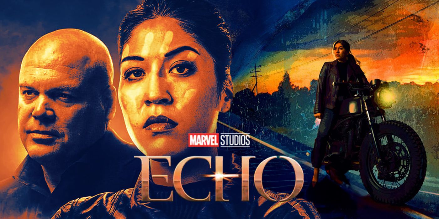 Alaqua Cox as Maya Lopez looking at the camera and on a motorcycle and Vincent D'Onofrio as Kingpin in Echo