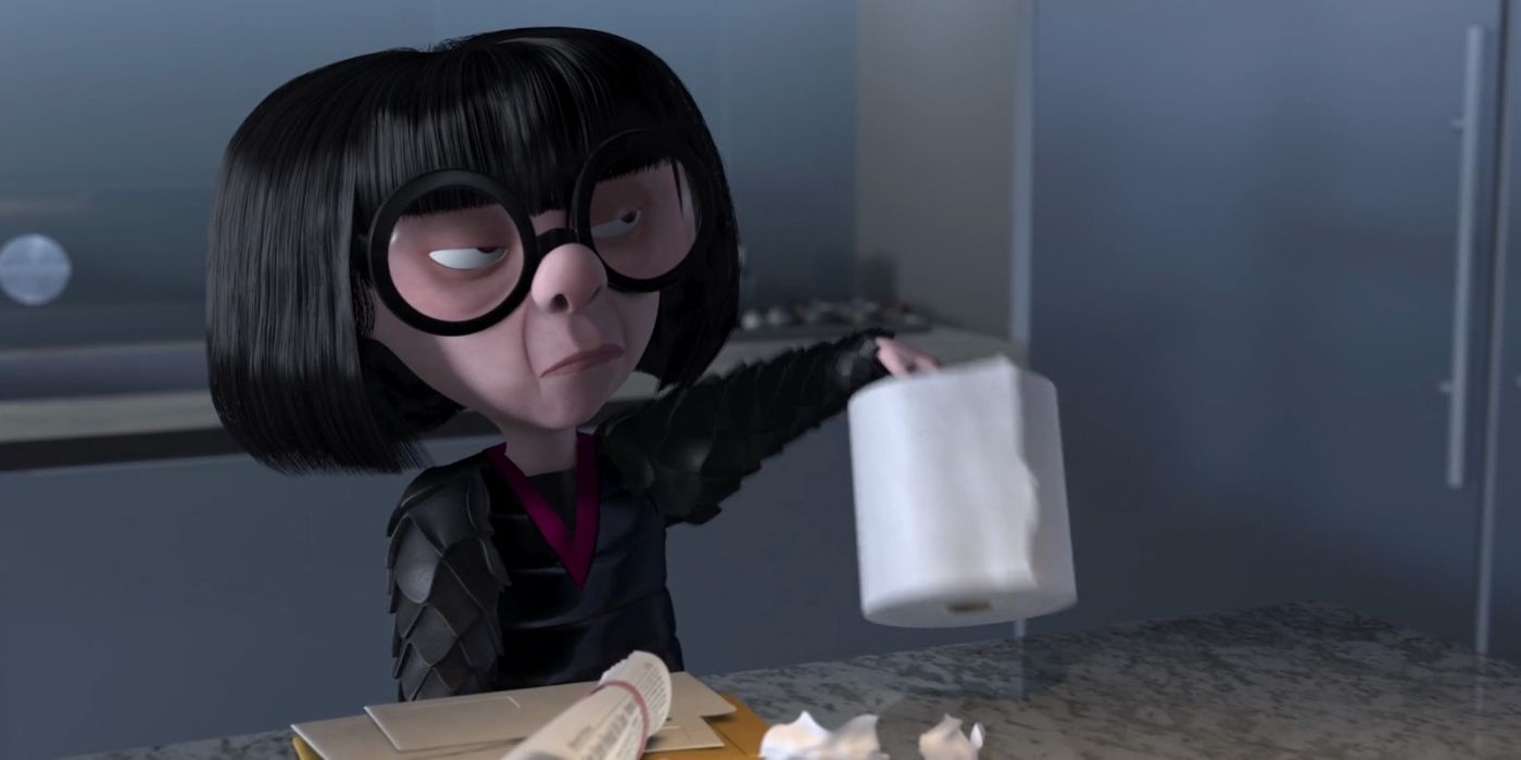 Edna looks unimpressed as she holds a roll of toilet paper in The Incredibles