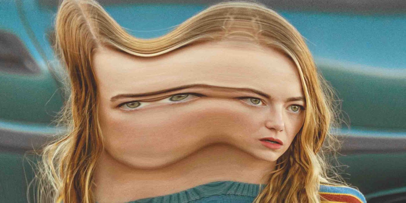 Emma Stone in a stretched reflection in The Curse