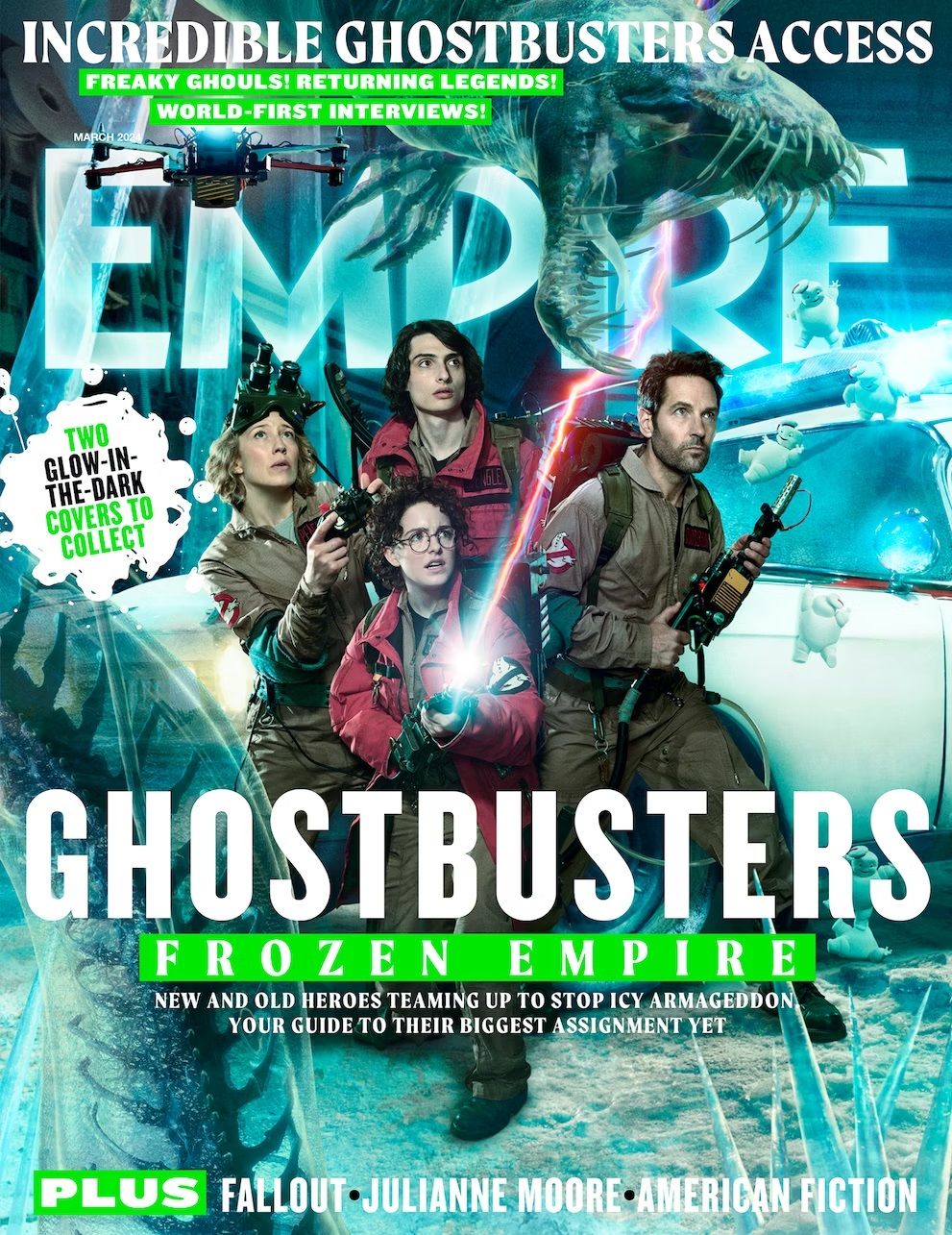 Empire Magazine's Ghostbusters Frozen Empire cover featuring Carrie Coon, Finn Wolfhard, Mckenna Grace and Paul Rudd