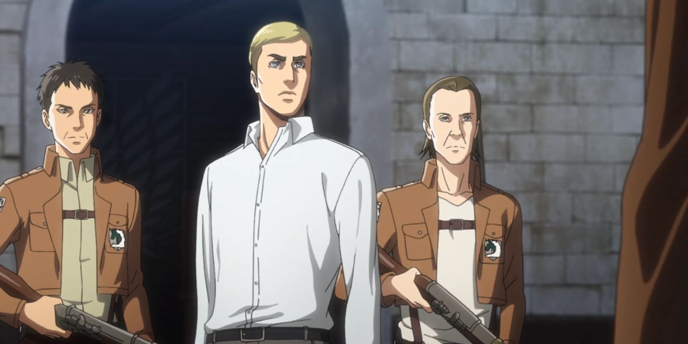 Erwin is flanked by two armed men in Season 3 of Attack on Titan