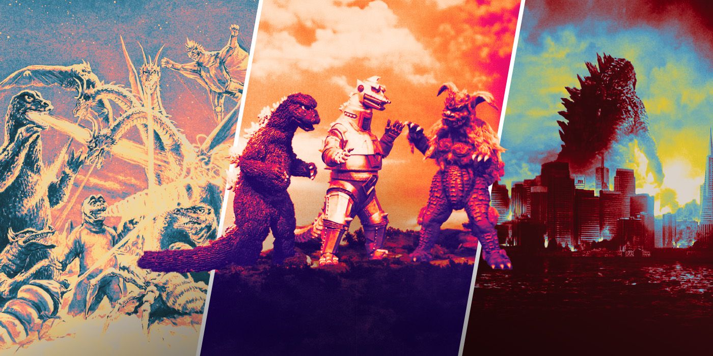 An edited image of Godzilla fighting different foes in Destroy All Monsters, Godzilla vs. Mechagodzilla, and Godzilla (2014)