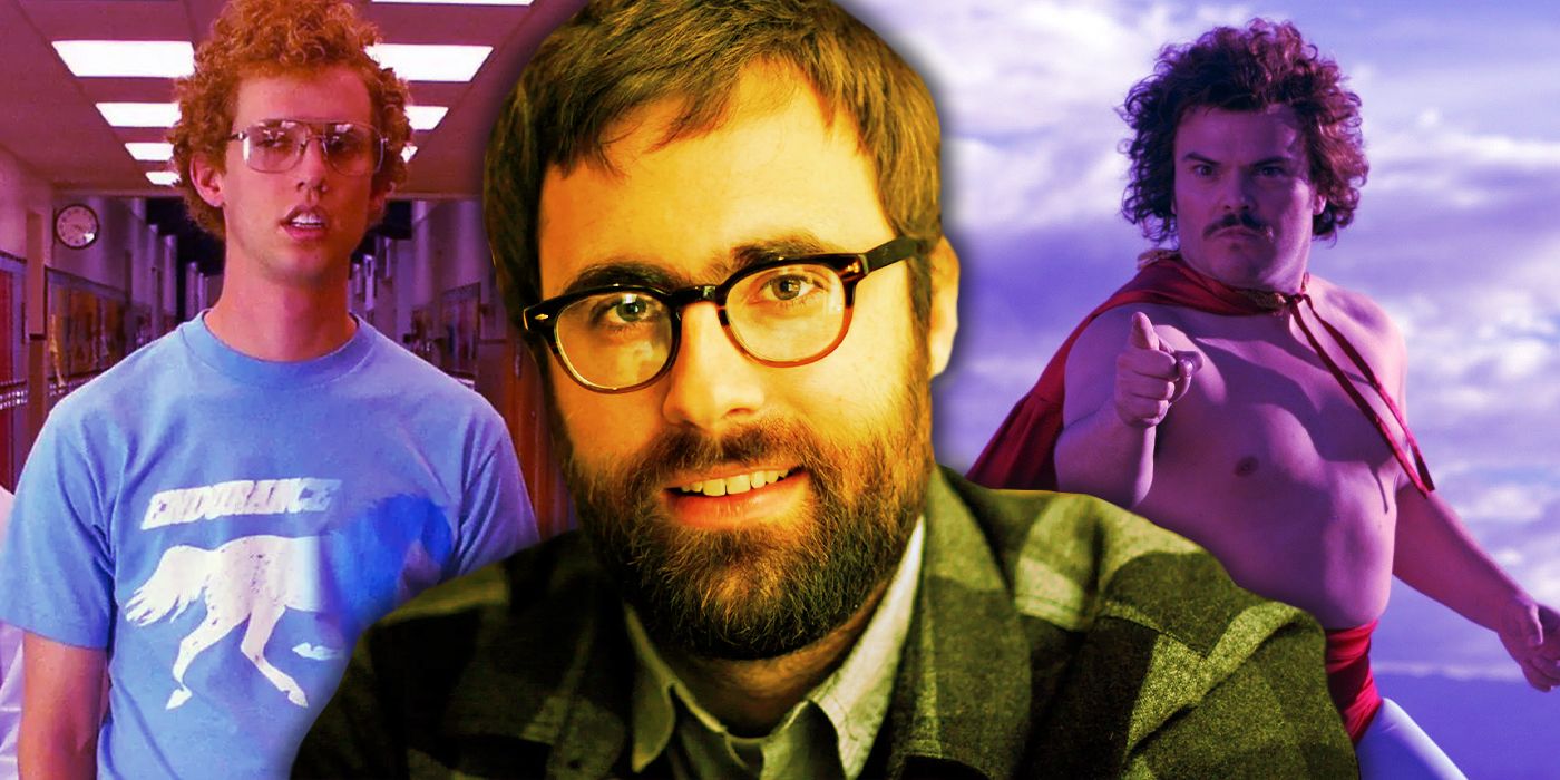 An edited image of Jared Hess over stills of Napoleon Dynamite and Nacho Libre