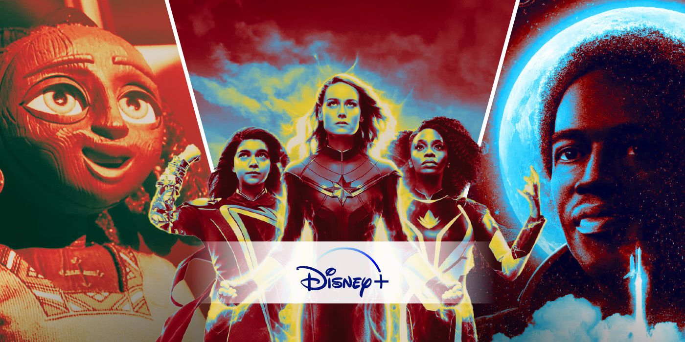 An edited image of three movies with the Disney+ logo including Self, The Marvels, and The Space Race