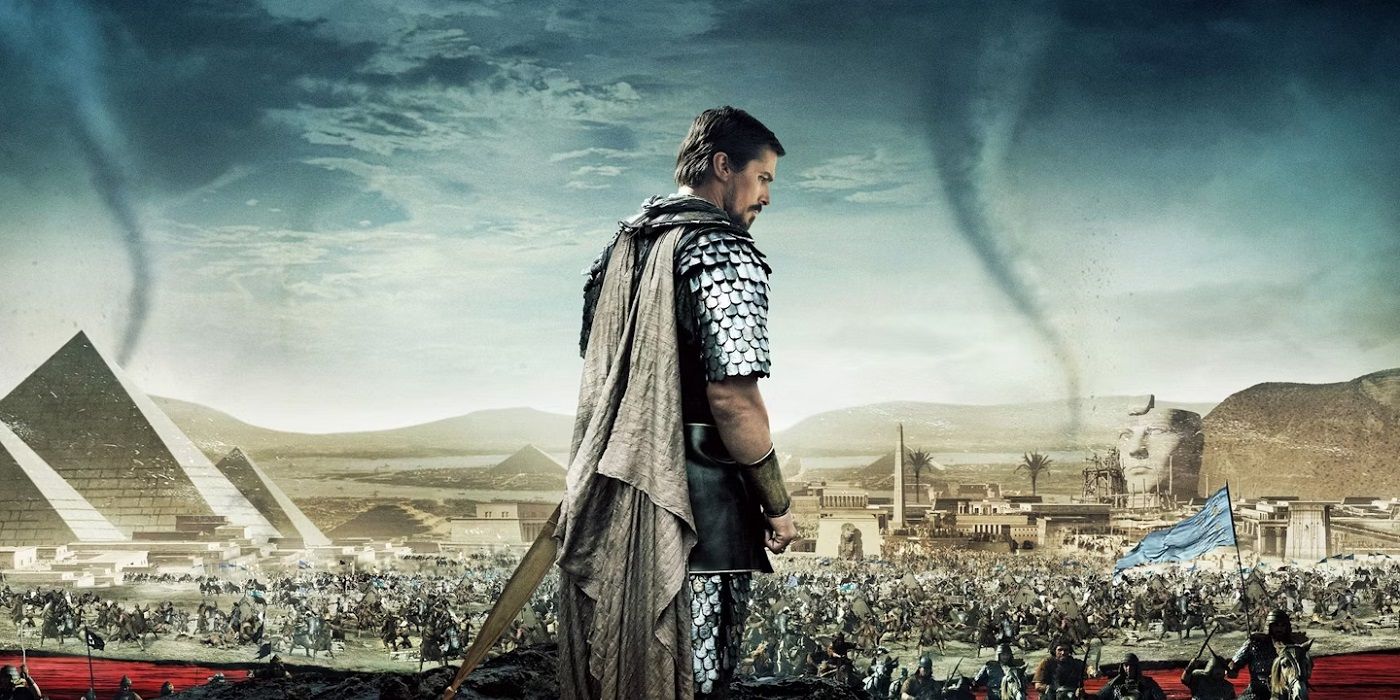 Exodus Gods and Kings by Ridley Scott with Christian Bale standing over an ancient city