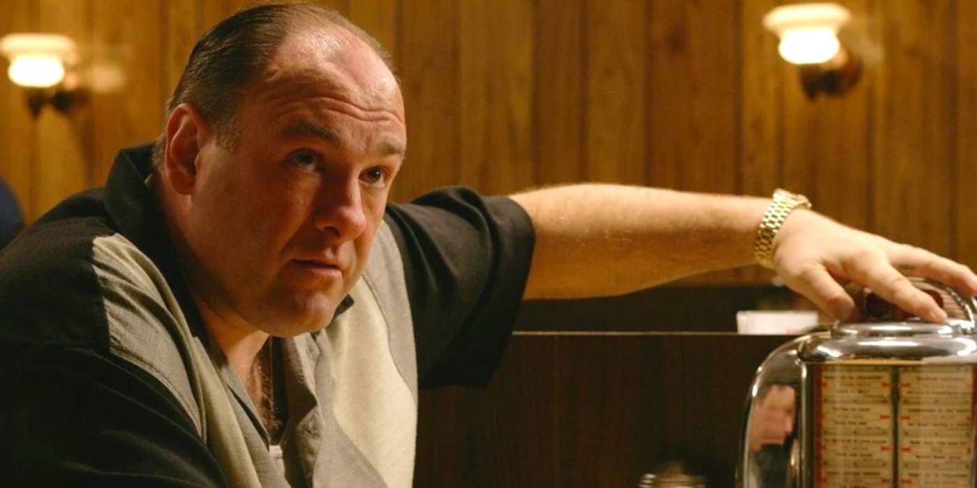 James Gandolfini as Tony Soprano, sitting in a diner, in The Sopranos finale