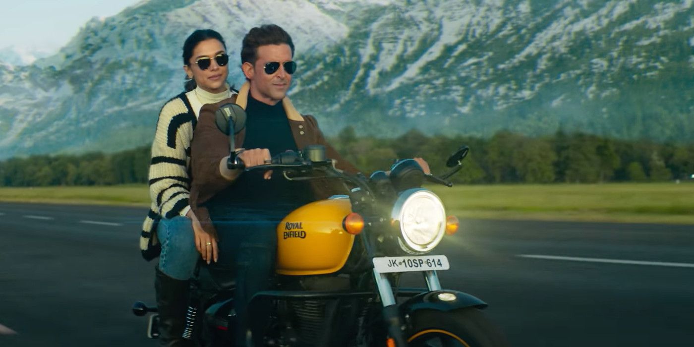 Hrithik Roshan and Deepika Padukone riding on a motorcycle together in Fighter 2024