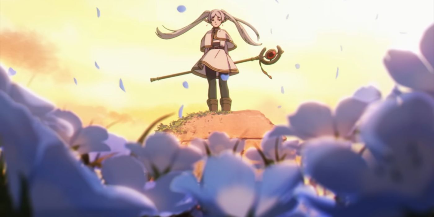 Frieren Standing over a Field of Flowers in Frieren Beyond Journey's End