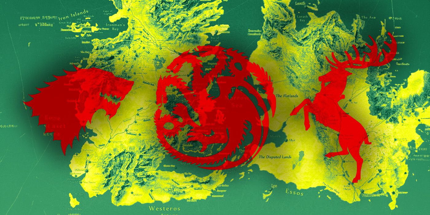 A map of Westeros from Game of Thrones with the house sigils of Stark, Targaryan, and Baratheon