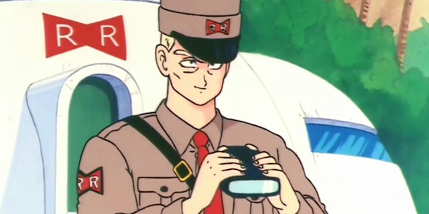 A medium shot of General Blue from Dragon Ball, dressed in uniform and holding a pair of binoculars