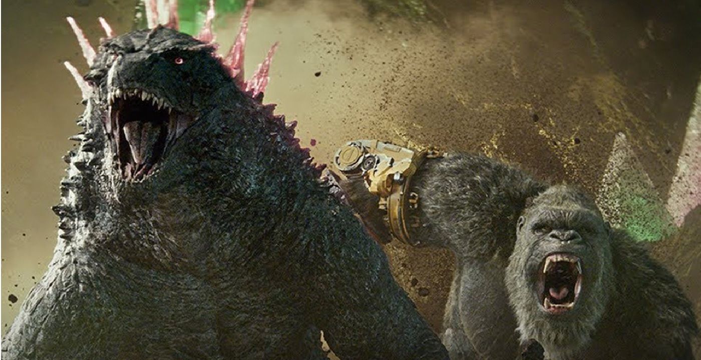 Godzilla e uma manopla usando Kong do trailer de Godzilla x Kong The New Empire