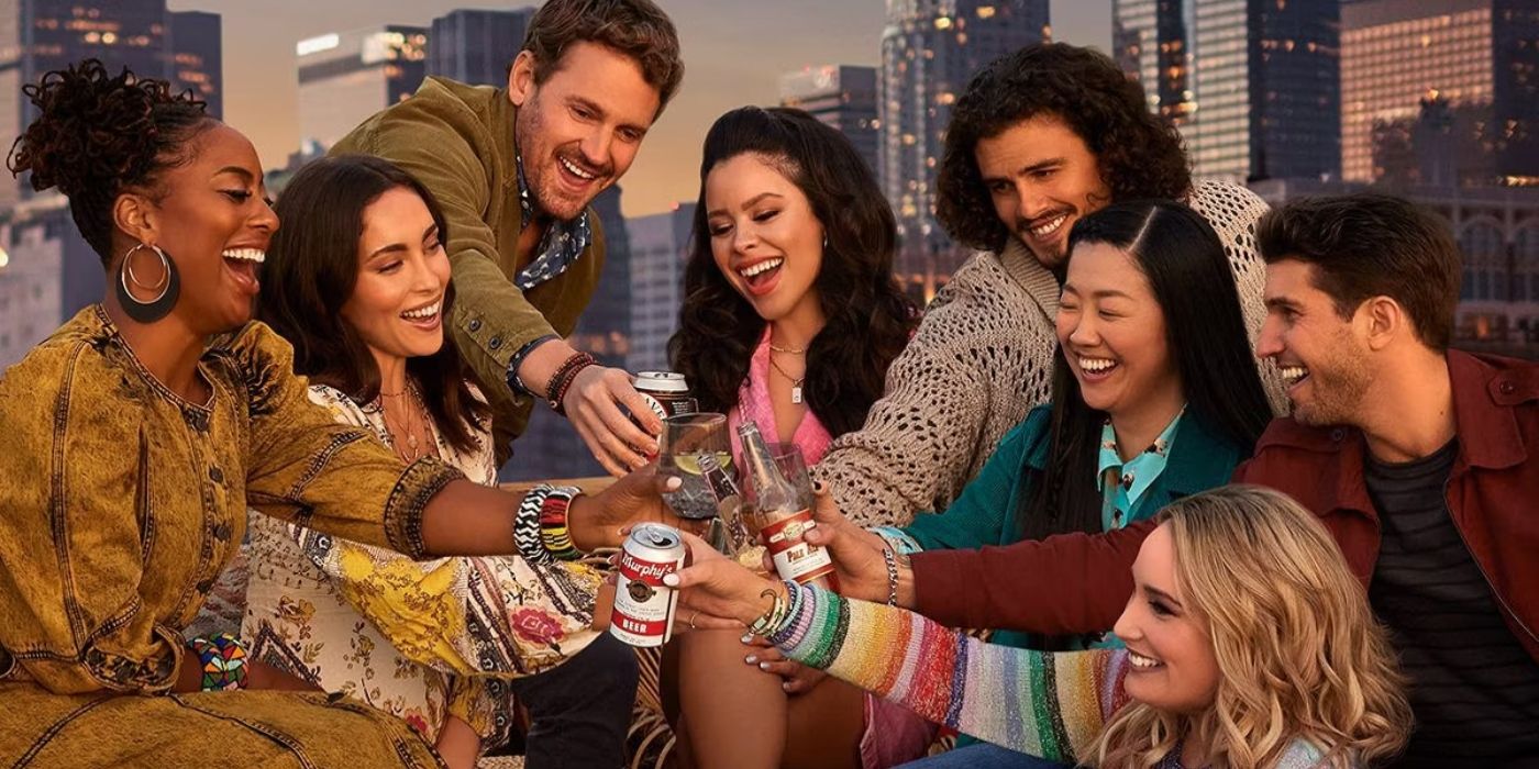 O elenco principal de Good Trouble tilinta suas latas e garrafas de cerveja no pôster do show