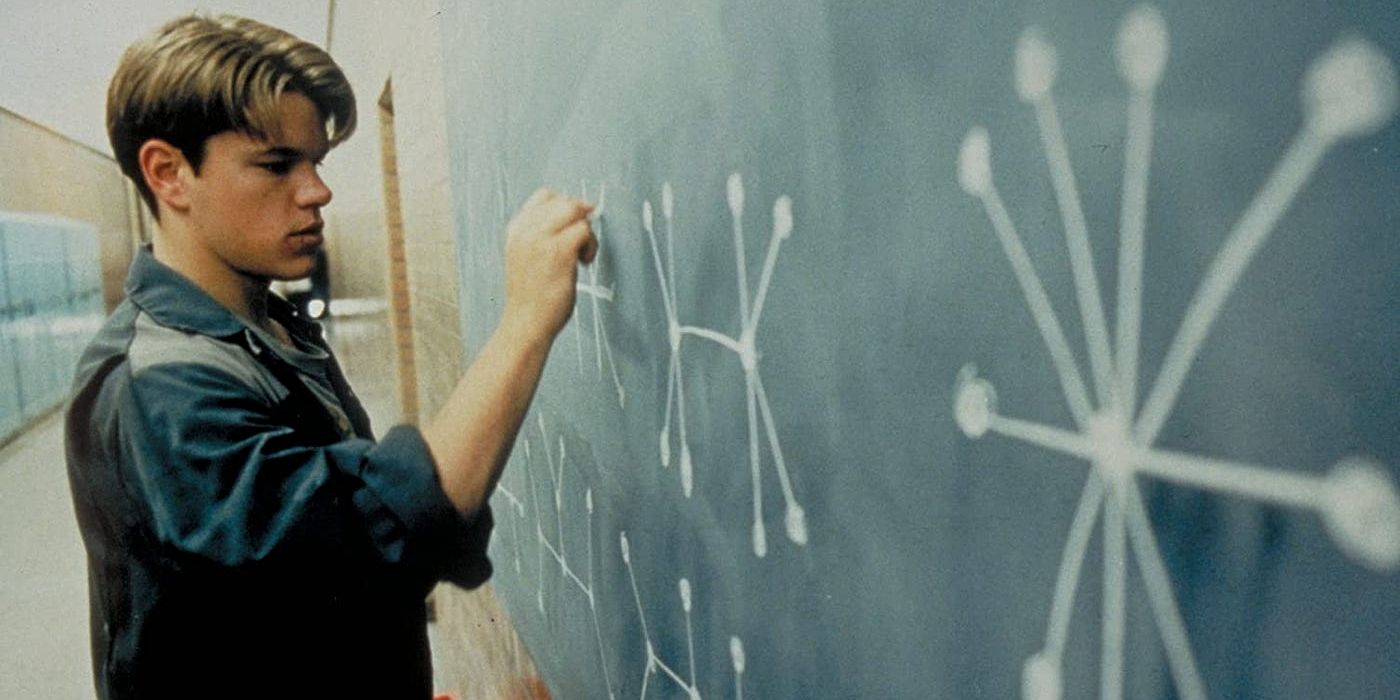 Good Will Hunting Will played by Matt Damon at a blackboard figuring out a code