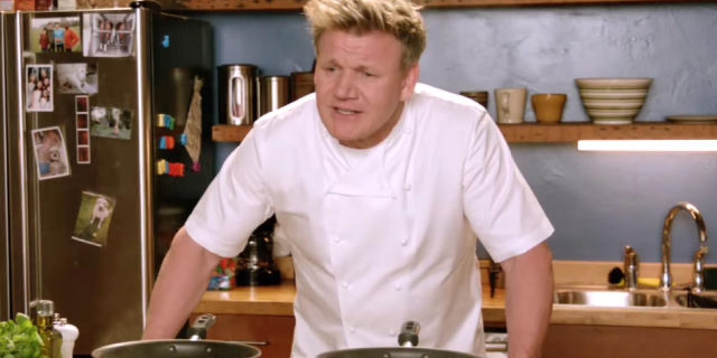 Gordon Ramsay on New Girl as himself looking at Zooey Deschanel off camera