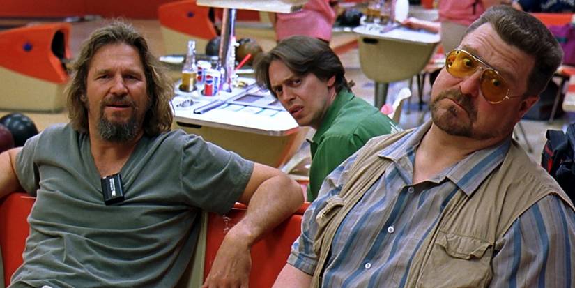 Jeff Bridges as The Dude, Steve Buscemi as Donny, and John Goodman as Walter at the bowling alley in The Big Lebowski