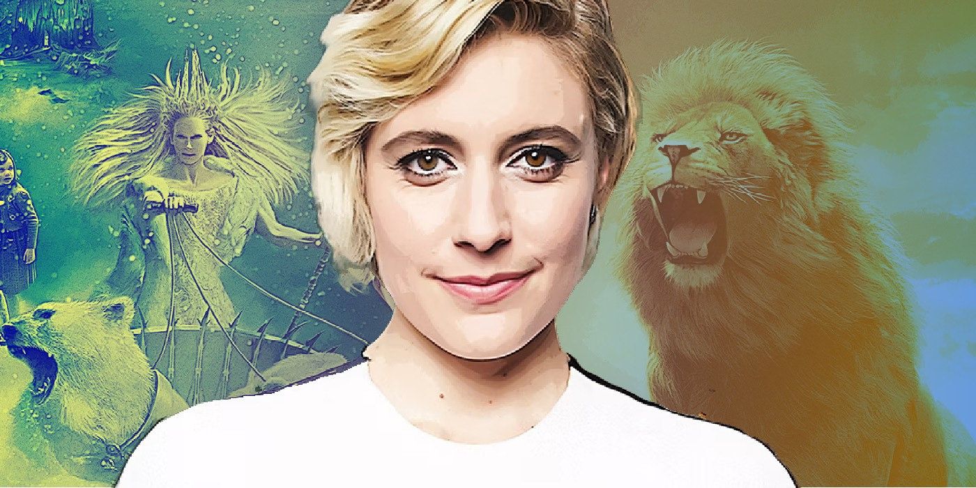 Greta Gerwig with the White Witch and Aslan from the Chronicles of Narnia