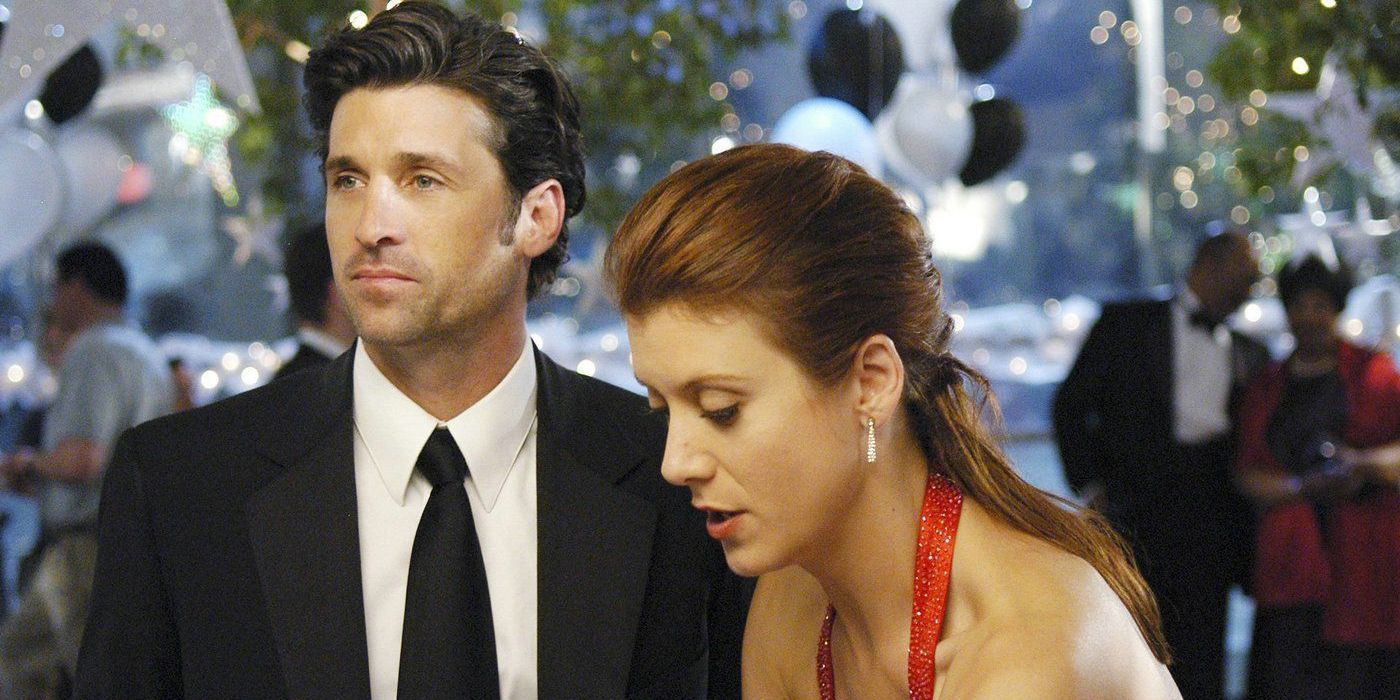 Patrick Dempsey as Derek and Kate Walsh as Addison at a fancy party wearing a suit and dress in Grey's Anatomy