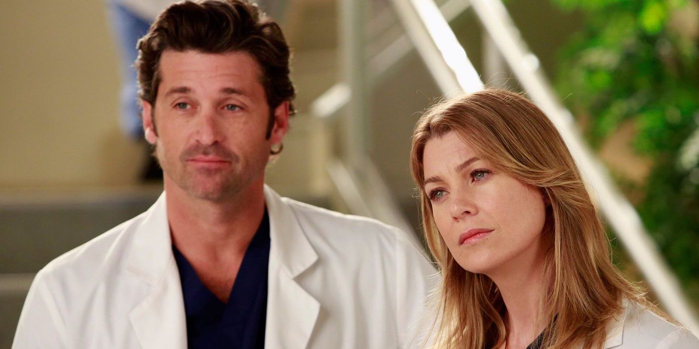 Grey's Anatomy Patrick Dempsey as Derek and Ellen Pompeo as Meredith standing in the hospital