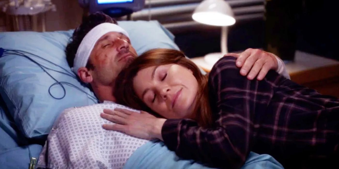 Ellen Pompeo as Meredith Grey and Patrick Dempsey as Derek Shepherd laying in bed together in Grey's Anatomy