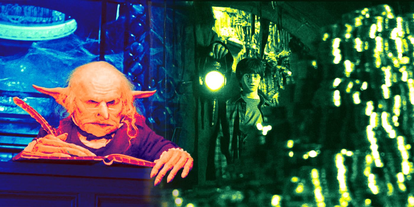 An edited image of a Gringotts goblin and Harry opening his vault in Harry Potter and the Sorcerer's Stone