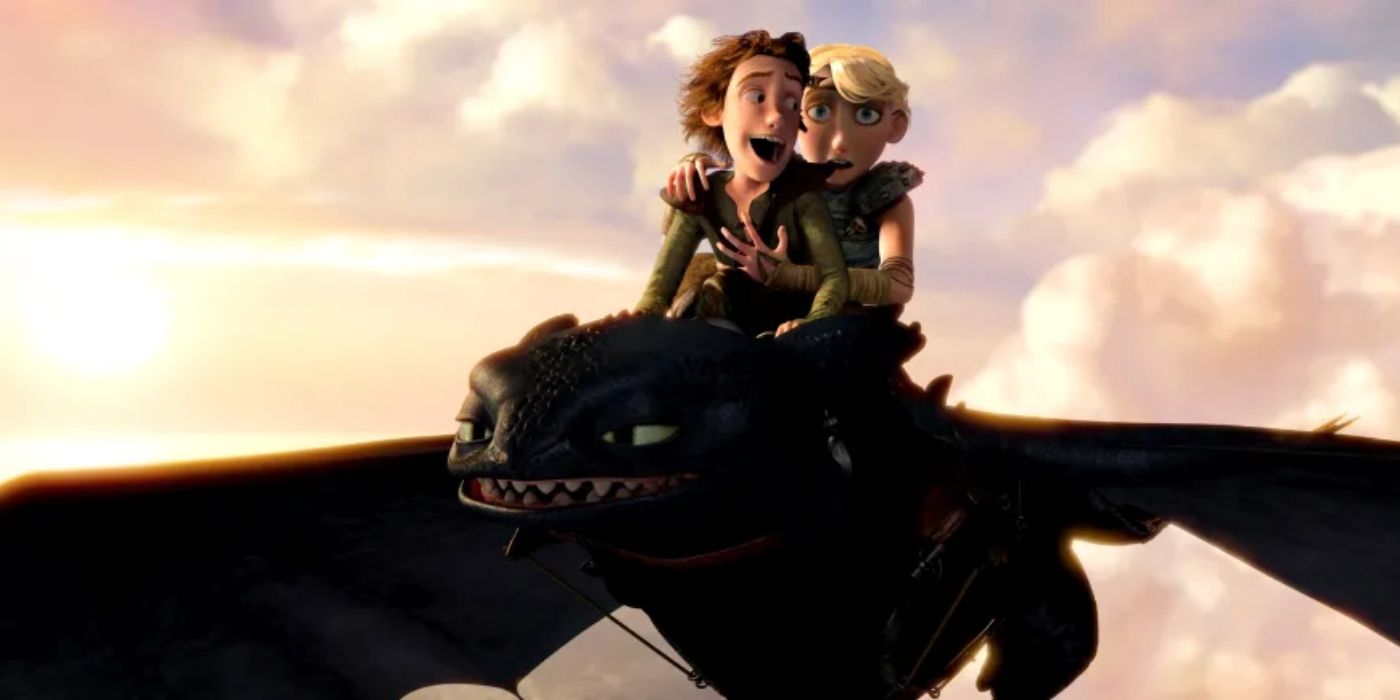 Hiccup and Astrid riding Toothless in "How to train your dragon"