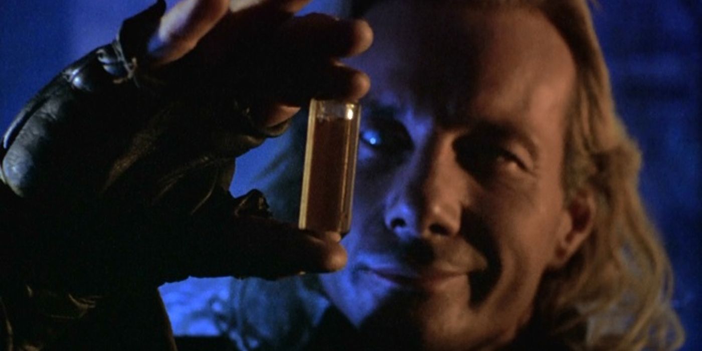 Dolph Lundgren as Det. Jack Claine, holding up a vial 