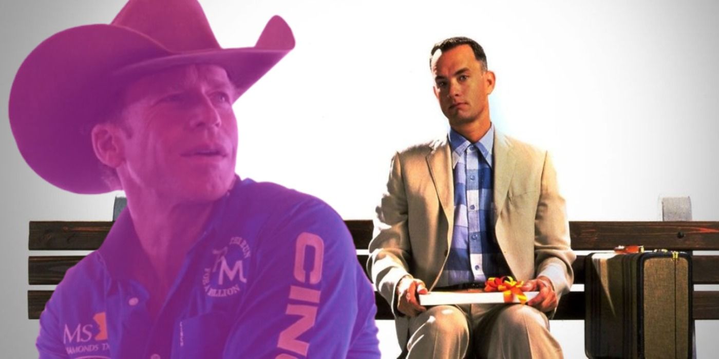 Taylor Sheridan in pink as Travis Wheatley in Yellowstone next to Tom Hanks on a bench as Forrest Gump